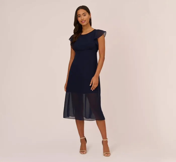 Adrianna Papell Chiffon And Jersey MidiLength Dress With Side Slits In Navy Navy Women Midi Dresses Adrianna Papell Chiffon And Jersey MidiLength Dress With Side Slits In Navy Navy Women Midi Dresses
