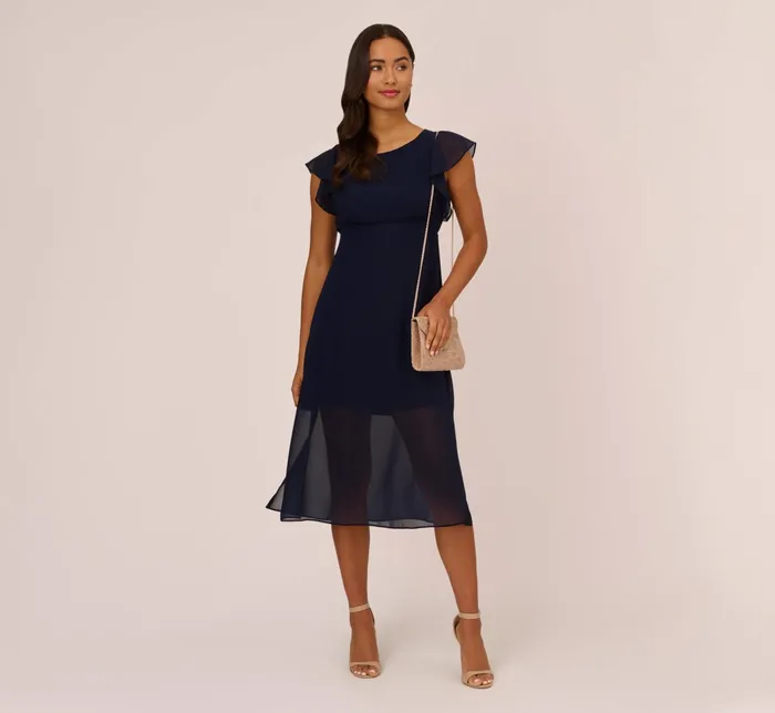 Adrianna Papell Chiffon And Jersey MidiLength Dress With Side Slits In Navy Navy Women Midi Dresses Adrianna Papell Chiffon And Jersey MidiLength Dress With Side Slits In Navy Navy Women Midi Dresses