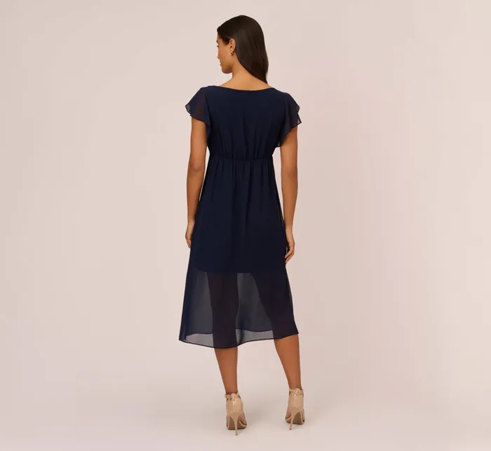 Adrianna Papell Chiffon And Jersey MidiLength Dress With Side Slits In Navy Navy Women Midi Dresses Adrianna Papell Chiffon And Jersey MidiLength Dress With Side Slits In Navy Navy Women Midi Dresses