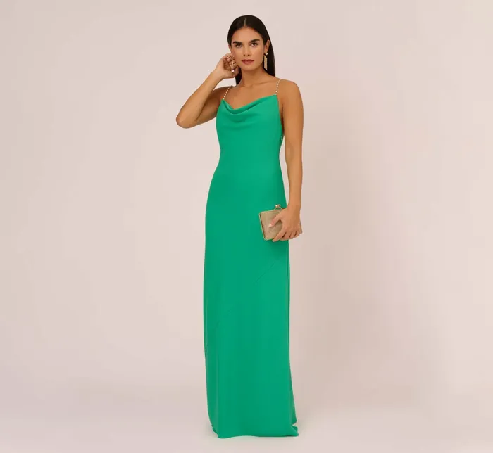 Adrianna Papell Cowl Neck Crepe Column Gown With Pearl Straps In Summer Green Summer Green Women Long Dresses Adrianna Papell Cowl Neck Crepe Column Gown With Pearl Straps In Summer Green Summer Green Women Long Dresses