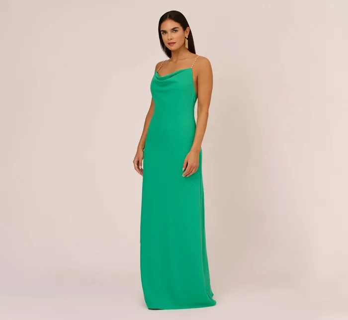 Adrianna Papell Cowl Neck Crepe Column Gown With Pearl Straps In Summer Green Summer Green Women Long Dresses Adrianna Papell Cowl Neck Crepe Column Gown With Pearl Straps In Summer Green Summer Green Women Long Dresses