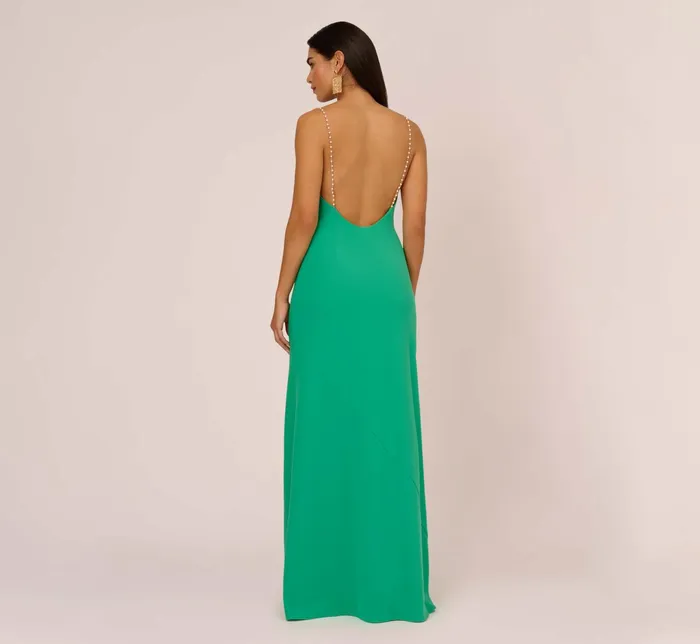 Adrianna Papell Cowl Neck Crepe Column Gown With Pearl Straps In Summer Green Summer Green Women Long Dresses Adrianna Papell Cowl Neck Crepe Column Gown With Pearl Straps In Summer Green Summer Green Women Long Dresses