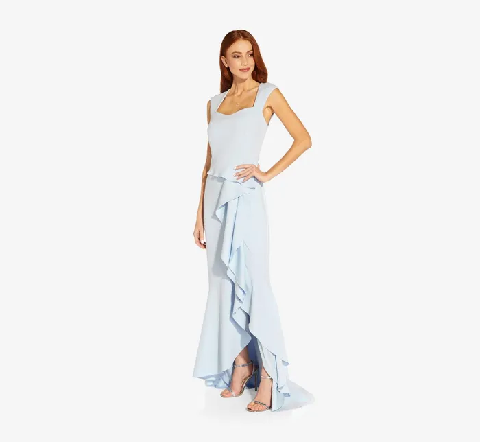 Adrianna Papell Crepe Cascade Long Gown In Opal Opal Women Long Dresses