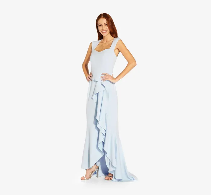 Adrianna Papell Crepe Cascade Long Gown In Opal Opal Women Long Dresses Adrianna Papell Crepe Cascade Long Gown In Opal Opal Women Long Dresses