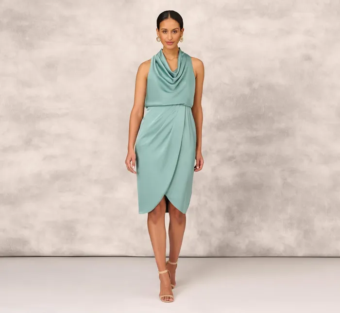 Adrianna Papell Crepe Satin Back Cowl Neck MidiLength Blouson Cocktail Dress In Green Slate Green Slate Women Cocktail Dresses Adrianna Papell Crepe Satin Back Cowl Neck MidiLength Blouson Cocktail Dress In Green Slate Green Slate Women Cocktail Dresses