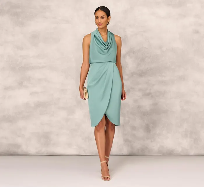 Adrianna Papell Crepe Satin Back Cowl Neck MidiLength Blouson Cocktail Dress In Green Slate Green Slate Women Cocktail Dresses Adrianna Papell Crepe Satin Back Cowl Neck MidiLength Blouson Cocktail Dress In Green Slate Green Slate Women Cocktail Dresses