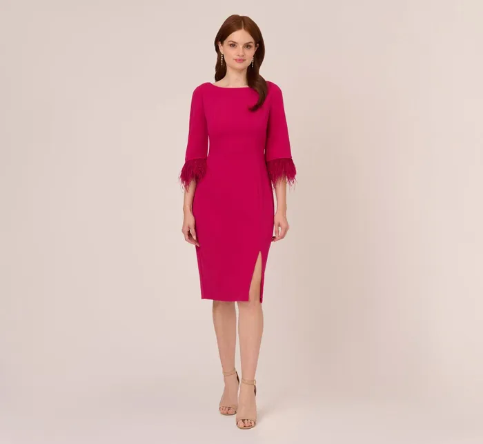 Adrianna Papell Crepe Sheath Dress With VBack And FeatherTrim Sleeves In Rich Magenta Rich Magenta Women Midi Dresses Adrianna Papell Crepe Sheath Dress With VBack And FeatherTrim Sleeves In Rich Magenta Rich Magenta Women Midi Dresses
