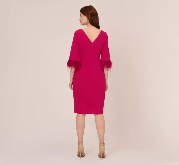 Adrianna Papell Crepe Sheath Dress With VBack And FeatherTrim Sleeves In Rich Magenta Rich Magenta Women Midi Dresses Adrianna Papell Crepe Sheath Dress With VBack And FeatherTrim Sleeves In Rich Magenta Rich Magenta Women Midi Dresses