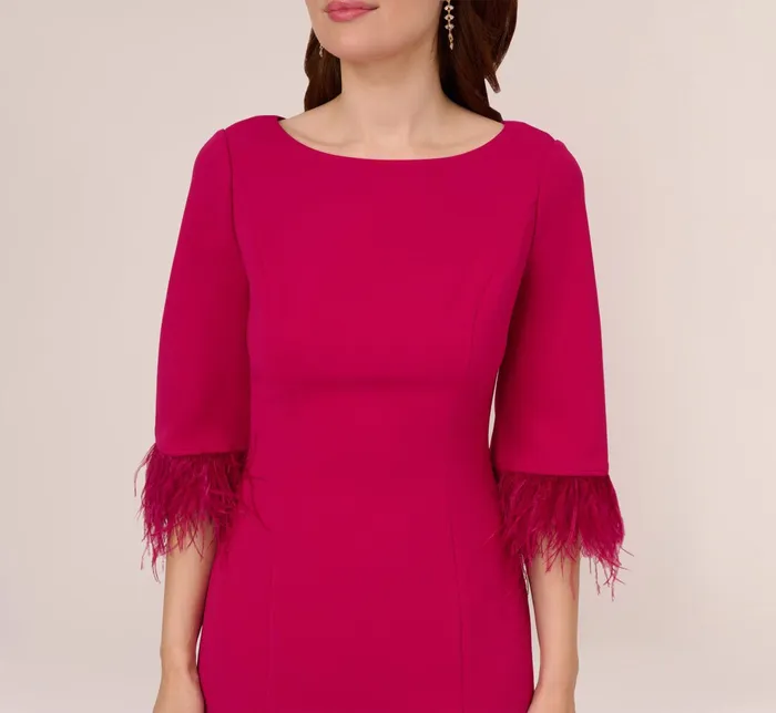 Adrianna Papell Crepe Sheath Dress With VBack And FeatherTrim Sleeves In Rich Magenta Rich Magenta Women Midi Dresses Adrianna Papell Crepe Sheath Dress With VBack And FeatherTrim Sleeves In Rich Magenta Rich Magenta Women Midi Dresses