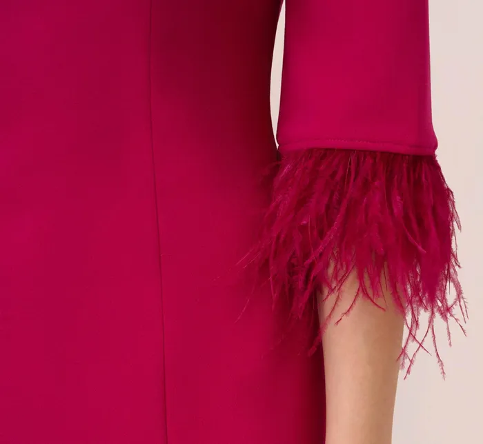 Adrianna Papell Crepe Sheath Dress With VBack And FeatherTrim Sleeves In Rich Magenta Rich Magenta Women Midi Dresses Adrianna Papell Crepe Sheath Dress With VBack And FeatherTrim Sleeves In Rich Magenta Rich Magenta Women Midi Dresses