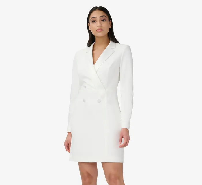 Adrianna Papell Crepe Tuxedo Sheath Dress With Long Sleeves In Ivory Ivory Women Little White Dresses