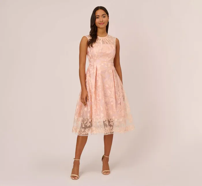 Adrianna Papell Embroidered Fit And Flare Midi Dress With Sheer Neckline In Apricot Ice Apricot Ice Women Cocktail Dresses Adrianna Papell Embroidered Fit And Flare Midi Dress With Sheer Neckline In Apricot Ice Apricot Ice Women Cocktail Dresses