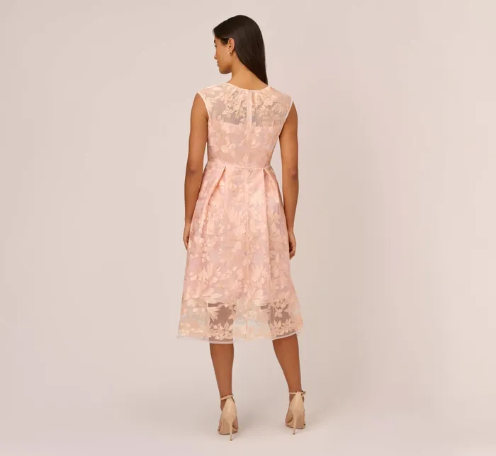 Adrianna Papell Embroidered Fit And Flare Midi Dress With Sheer Neckline In Apricot Ice Apricot Ice Women Cocktail Dresses Adrianna Papell Embroidered Fit And Flare Midi Dress With Sheer Neckline In Apricot Ice Apricot Ice Women Cocktail Dresses