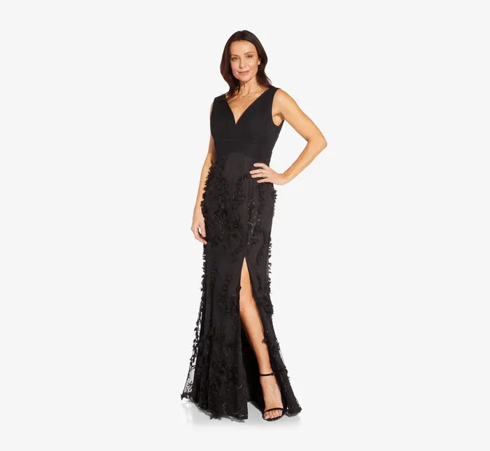 Adrianna Papell Embroidered Long Gown With Slit In Black Black Women Long Dresses Adrianna Papell Embroidered Long Gown With Slit In Black Black Women Long Dresses