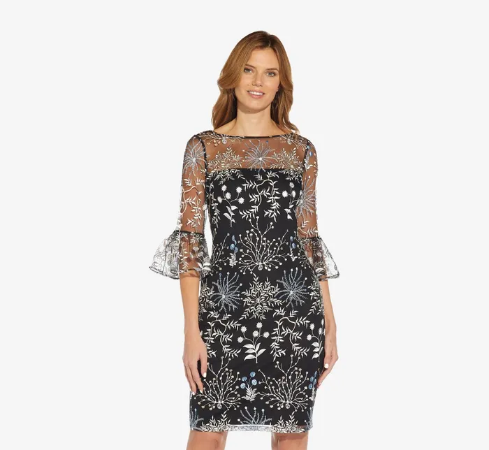 Adrianna Papell Embroidered Three Quarter Sleeve Short Sheath Dress With Bell Sleeves In Blue Multi Blue Multi Women Day Dresses Adrianna Papell Embroidered Three Quarter Sleeve Short Sheath Dress With Bell Sleeves In Blue Multi Blue Multi Women Day Dresses