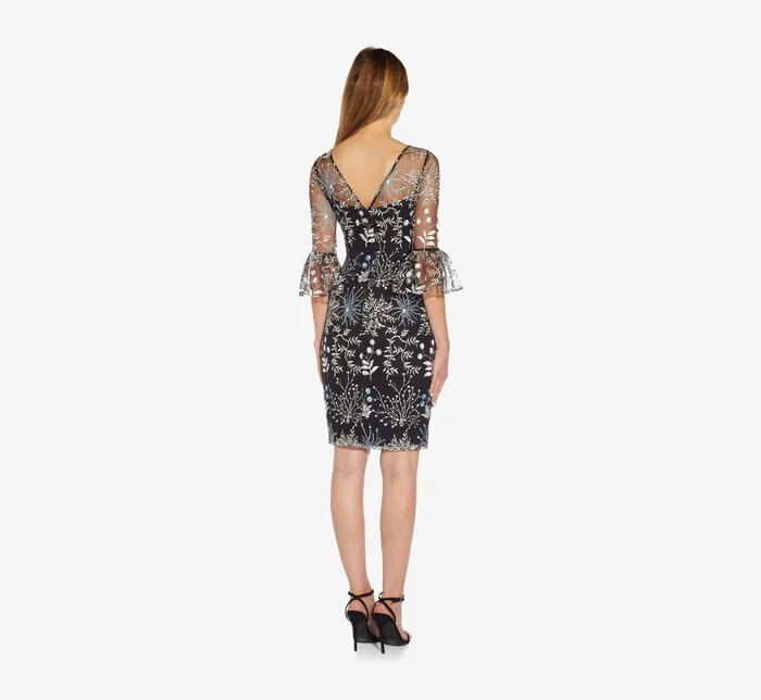 Adrianna Papell Embroidered Three Quarter Sleeve Short Sheath Dress With Bell Sleeves In Blue Multi Blue Multi Women Day Dresses Adrianna Papell Embroidered Three Quarter Sleeve Short Sheath Dress With Bell Sleeves In Blue Multi Blue Multi Women Day Dresses