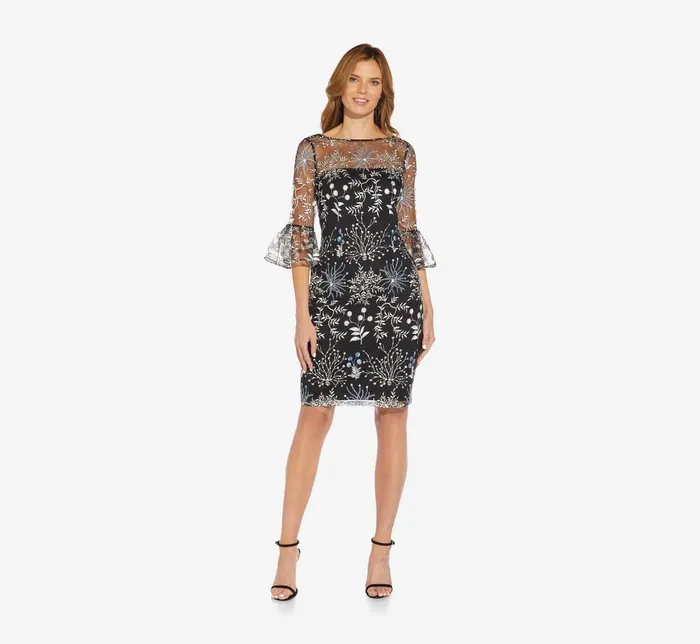 Adrianna Papell Embroidered Three Quarter Sleeve Short Sheath Dress With Bell Sleeves In Blue Multi Blue Multi Women Day Dresses Adrianna Papell Embroidered Three Quarter Sleeve Short Sheath Dress With Bell Sleeves In Blue Multi Blue Multi Women Day Dresses