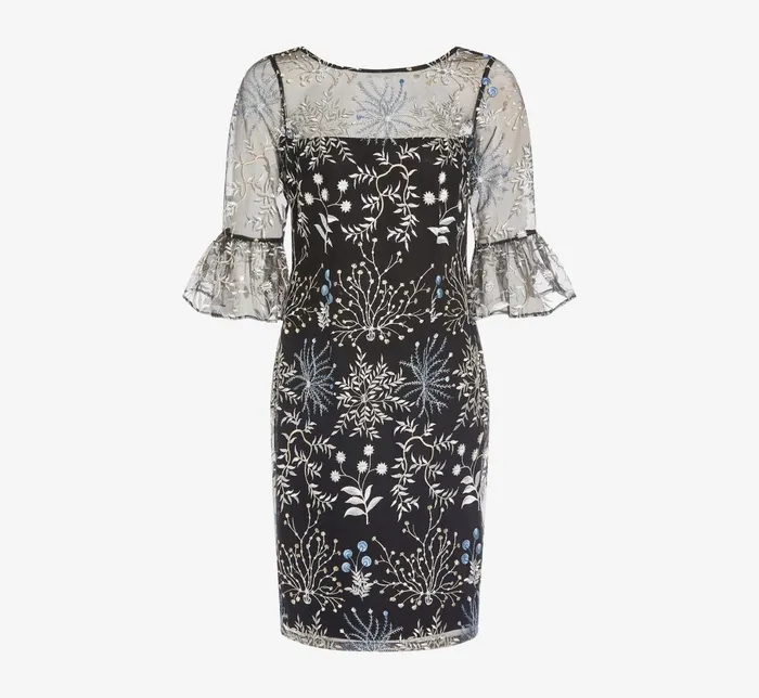 Adrianna Papell Embroidered Three Quarter Sleeve Short Sheath Dress With Bell Sleeves In Blue Multi Blue Multi Women Day Dresses Adrianna Papell Embroidered Three Quarter Sleeve Short Sheath Dress With Bell Sleeves In Blue Multi Blue Multi Women Day Dresses