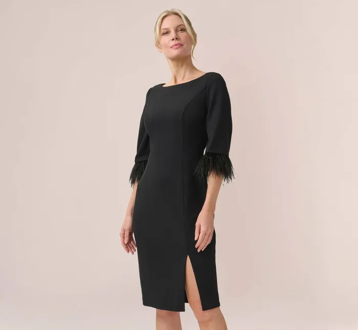 Adrianna Papell FeatherTrim Crepe MidiLength Sheath Dress In Black Black Women Day Dresses Adrianna Papell FeatherTrim Crepe MidiLength Sheath Dress In Black Black Women Day Dresses