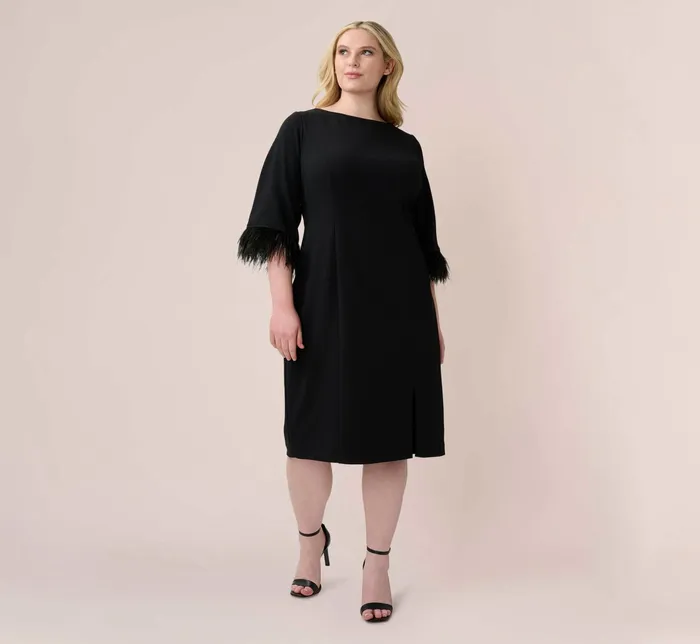 Adrianna Papell FeatherTrim Crepe MidiLength Sheath Dress In Black Black Women Day Dresses Adrianna Papell FeatherTrim Crepe MidiLength Sheath Dress In Black Black Women Day Dresses