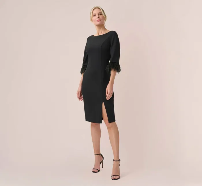 Adrianna Papell FeatherTrim Crepe MidiLength Sheath Dress In Black Black Women Day Dresses Adrianna Papell FeatherTrim Crepe MidiLength Sheath Dress In Black Black Women Day Dresses