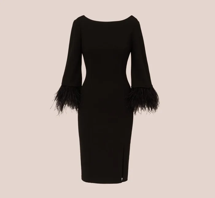 Adrianna Papell FeatherTrim Crepe MidiLength Sheath Dress In Black Black Women Day Dresses Adrianna Papell FeatherTrim Crepe MidiLength Sheath Dress In Black Black Women Day Dresses