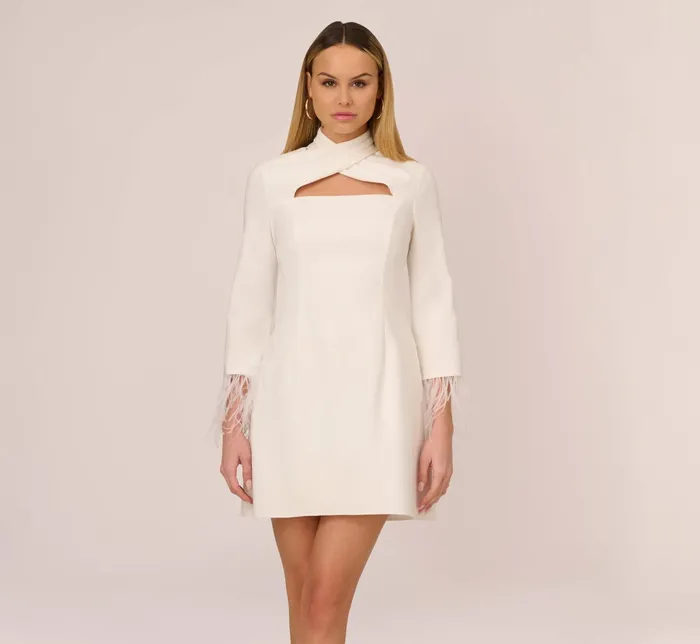 Adrianna Papell Feather Trimmed Crepe ALine Short Sheath Cocktail Dress In Ivory Ivory Women Short Wedding Dresses Adrianna Papell Feather Trimmed Crepe ALine Short Sheath Cocktail Dress In Ivory Ivory Women Short Wedding Dresses