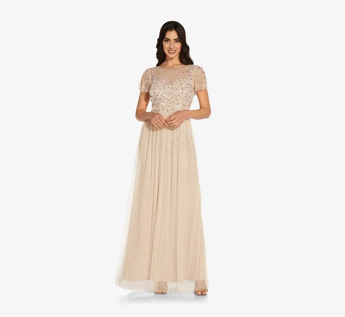 Adrianna Papell Floral 3D HandBeaded And Lace Illusion Long Gown In Biscotti Biscotti Women Long Dresses Adrianna Papell Floral 3D HandBeaded And Lace Illusion Long Gown In Biscotti Biscotti Women Long Dresses