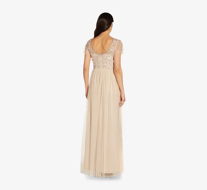 Adrianna Papell Floral 3D HandBeaded And Lace Illusion Long Gown In Biscotti Biscotti Women Long Dresses Adrianna Papell Floral 3D HandBeaded And Lace Illusion Long Gown In Biscotti Biscotti Women Long Dresses