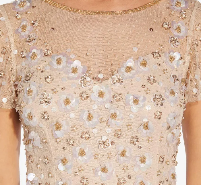 Adrianna Papell Floral 3D HandBeaded And Lace Illusion Long Gown In Biscotti Biscotti Women Long Dresses Adrianna Papell Floral 3D HandBeaded And Lace Illusion Long Gown In Biscotti Biscotti Women Long Dresses