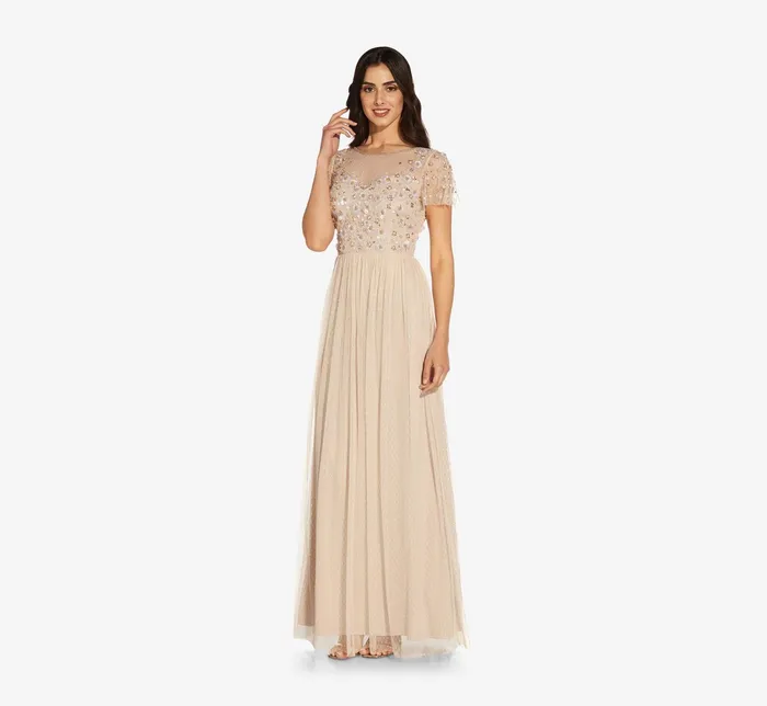 Adrianna Papell Floral 3D HandBeaded And Lace Illusion Long Gown In Biscotti Biscotti Women Long Dresses Adrianna Papell Floral 3D HandBeaded And Lace Illusion Long Gown In Biscotti Biscotti Women Long Dresses