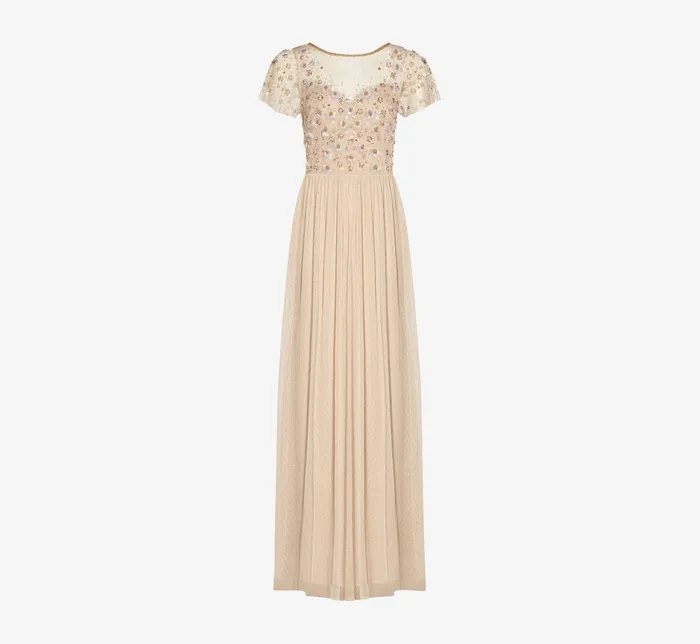 Adrianna Papell Floral 3D HandBeaded And Lace Illusion Long Gown In Biscotti Biscotti Women Long Dresses Adrianna Papell Floral 3D HandBeaded And Lace Illusion Long Gown In Biscotti Biscotti Women Long Dresses