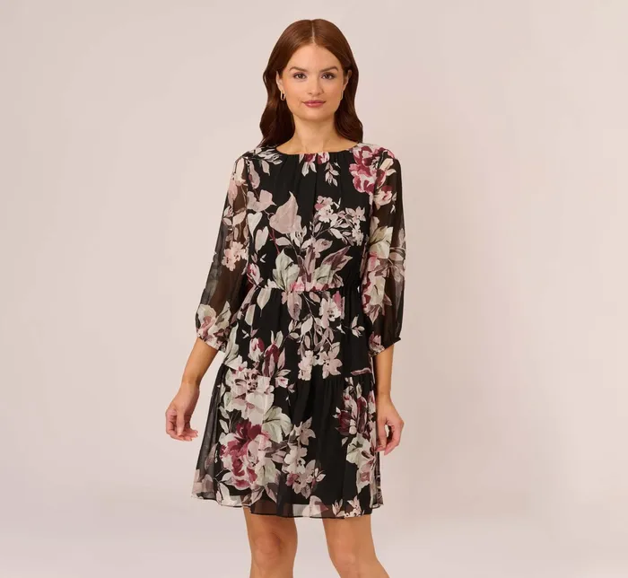 Adrianna Papell Floral Chiffon Dress With Three Quarter Length Sleeves In Black Multi Black Multi Women Floral Dresses Adrianna Papell Floral Chiffon Dress With Three Quarter Length Sleeves In Black Multi Black Multi Women Floral Dresses