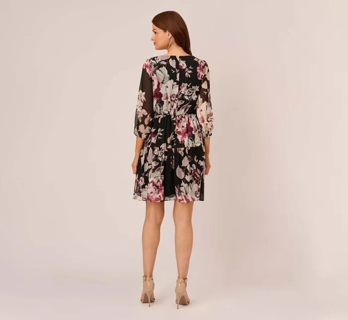 Adrianna Papell Floral Chiffon Dress With Three Quarter Length Sleeves In Black Multi Black Multi Women Floral Dresses Adrianna Papell Floral Chiffon Dress With Three Quarter Length Sleeves In Black Multi Black Multi Women Floral Dresses