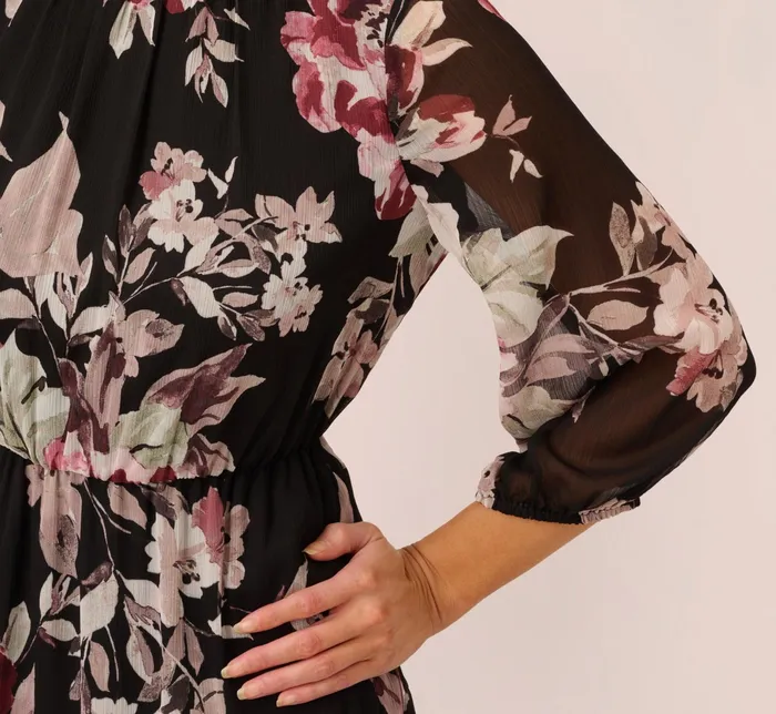 Adrianna Papell Floral Chiffon Dress With Three Quarter Length Sleeves In Black Multi Black Multi Women Floral Dresses Adrianna Papell Floral Chiffon Dress With Three Quarter Length Sleeves In Black Multi Black Multi Women Floral Dresses
