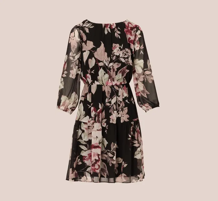 Adrianna Papell Floral Chiffon Dress With Three Quarter Length Sleeves In Black Multi Black Multi Women Floral Dresses Adrianna Papell Floral Chiffon Dress With Three Quarter Length Sleeves In Black Multi Black Multi Women Floral Dresses