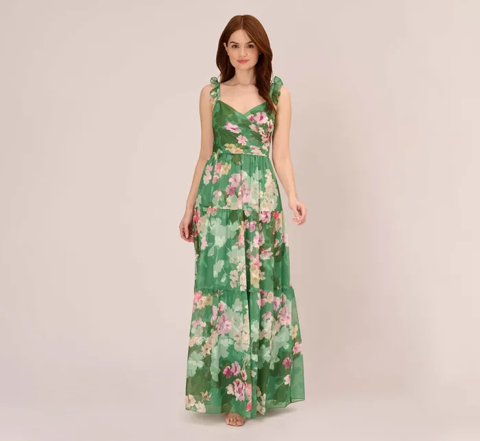 Adrianna Papell Floral Chiffon Tiered Gown With Ruffle Details In Green Multi Green Multi Women Floral Dresses Adrianna Papell Floral Chiffon Tiered Gown With Ruffle Details In Green Multi Green Multi Women Floral Dresses