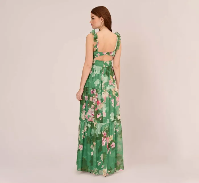 Adrianna Papell Floral Chiffon Tiered Gown With Ruffle Details In Green Multi Green Multi Women Floral Dresses Adrianna Papell Floral Chiffon Tiered Gown With Ruffle Details In Green Multi Green Multi Women Floral Dresses