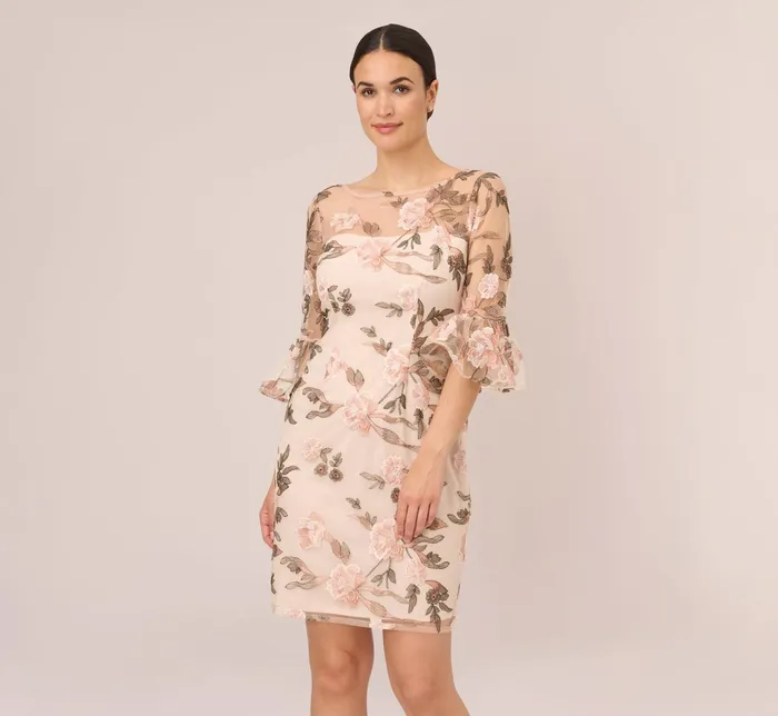 Adrianna Papell Floral Embroidered Bell Sleeve Sheath Dress In Blush Multi Blush Multi Women Short Dresses Adrianna Papell Floral Embroidered Bell Sleeve Sheath Dress In Blush Multi Blush Multi Women Short Dresses