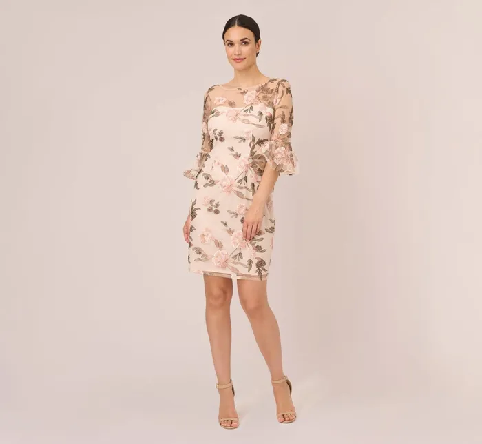 Adrianna Papell Floral Embroidered Bell Sleeve Sheath Dress In Blush Multi Blush Multi Women Short Dresses Adrianna Papell Floral Embroidered Bell Sleeve Sheath Dress In Blush Multi Blush Multi Women Short Dresses