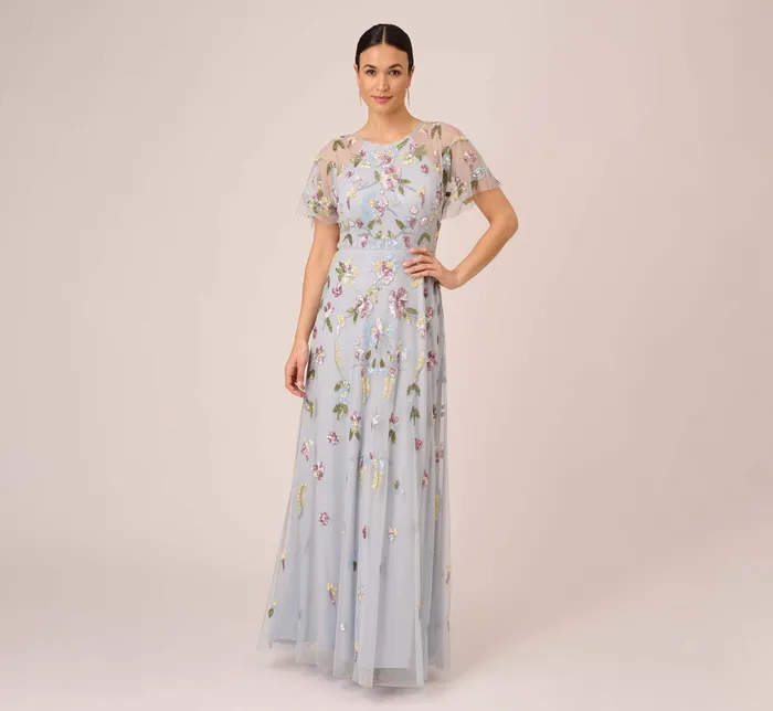 Adrianna Papell Floral Hand Beaded Illusion Long ALine Gown In Glacier Glacier Women Long Dresses Adrianna Papell Floral Hand Beaded Illusion Long ALine Gown In Glacier Glacier Women Long Dresses