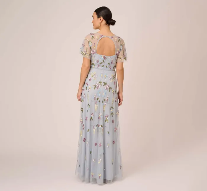 Adrianna Papell Floral Hand Beaded Illusion Long ALine Gown In Glacier Glacier Women Long Dresses Adrianna Papell Floral Hand Beaded Illusion Long ALine Gown In Glacier Glacier Women Long Dresses