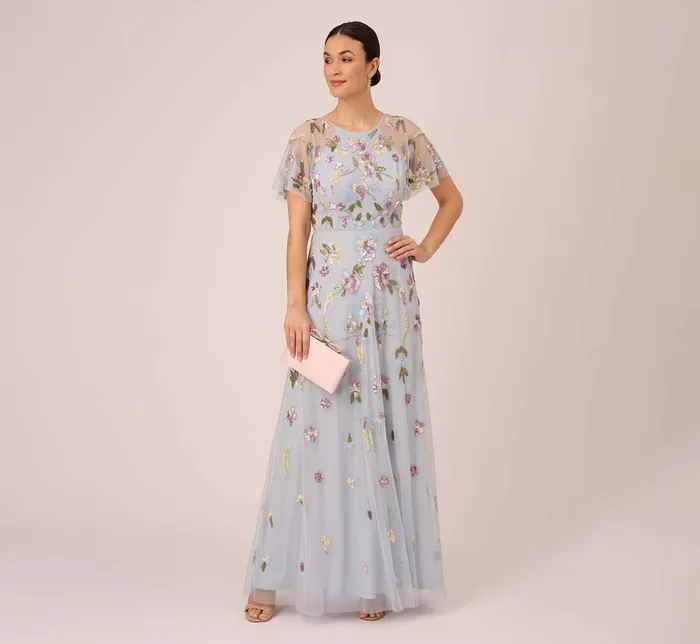 Adrianna Papell Floral Hand Beaded Illusion Long ALine Gown In Glacier Glacier Women Long Dresses Adrianna Papell Floral Hand Beaded Illusion Long ALine Gown In Glacier Glacier Women Long Dresses