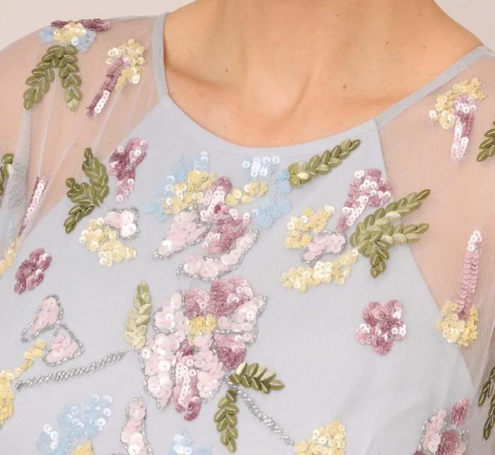Adrianna Papell Floral Hand Beaded Illusion Long ALine Gown In Glacier Glacier Women Long Dresses Adrianna Papell Floral Hand Beaded Illusion Long ALine Gown In Glacier Glacier Women Long Dresses