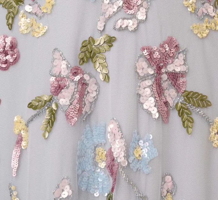 Adrianna Papell Floral Hand Beaded Illusion Long ALine Gown In Glacier Glacier Women Long Dresses Adrianna Papell Floral Hand Beaded Illusion Long ALine Gown In Glacier Glacier Women Long Dresses