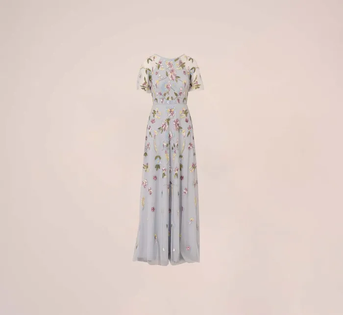 Adrianna Papell Floral Hand Beaded Illusion Long ALine Gown In Glacier Glacier Women Long Dresses Adrianna Papell Floral Hand Beaded Illusion Long ALine Gown In Glacier Glacier Women Long Dresses