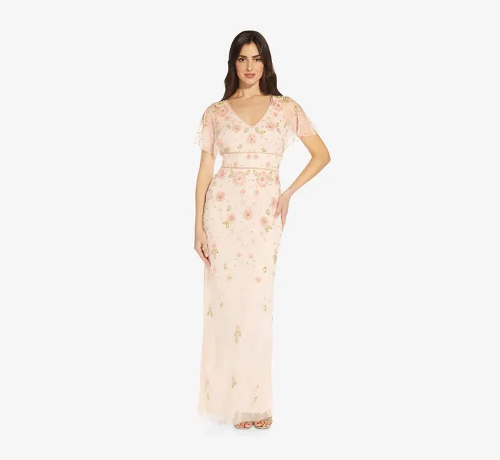 Adrianna Papell Floral HandBeaded Long Gown With Flutter Sleeves In Pale Pink Pale Pink Women Long Dresses Adrianna Papell Floral HandBeaded Long Gown With Flutter Sleeves In Pale Pink Pale Pink Women Long Dresses