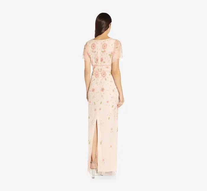 Adrianna Papell Floral HandBeaded Long Gown With Flutter Sleeves In Pale Pink Pale Pink Women Long Dresses Adrianna Papell Floral HandBeaded Long Gown With Flutter Sleeves In Pale Pink Pale Pink Women Long Dresses