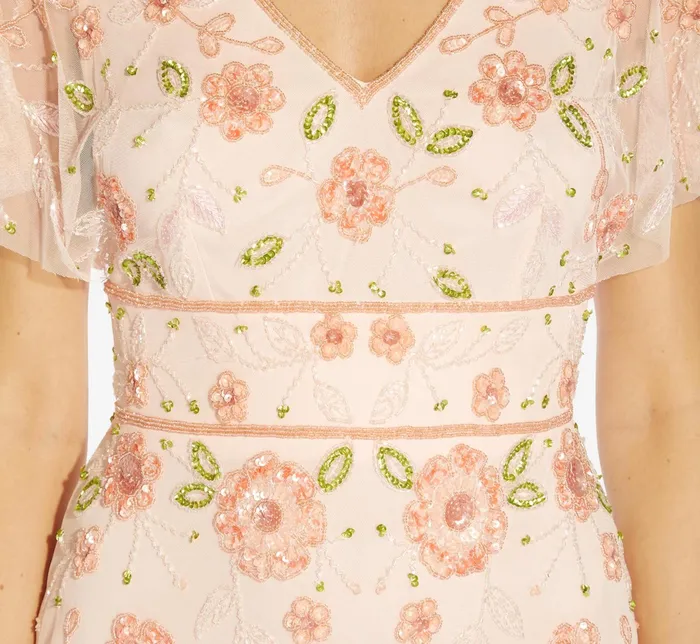 Adrianna Papell Floral HandBeaded Long Gown With Flutter Sleeves In Pale Pink Pale Pink Women Long Dresses Adrianna Papell Floral HandBeaded Long Gown With Flutter Sleeves In Pale Pink Pale Pink Women Long Dresses