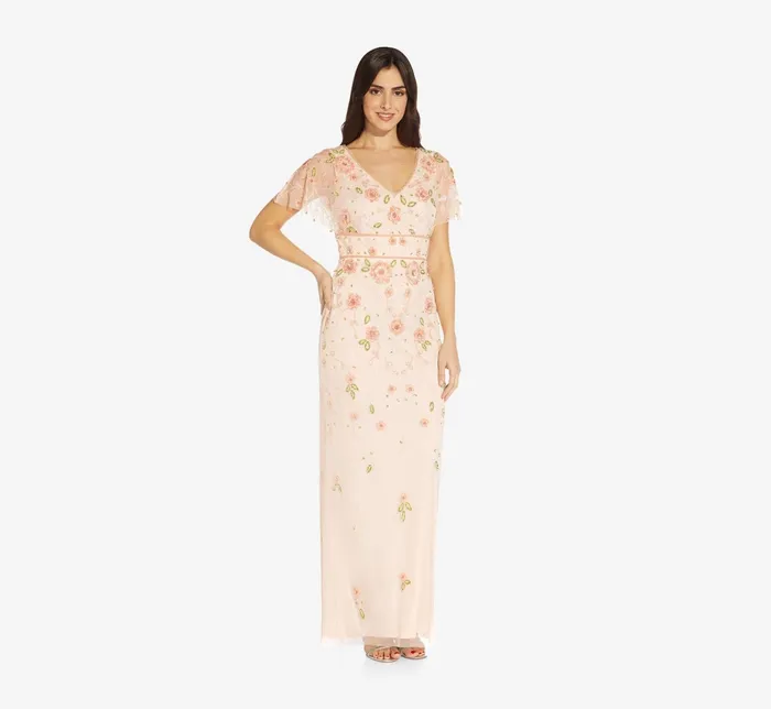 Adrianna Papell Floral HandBeaded Long Gown With Flutter Sleeves In Pale Pink Pale Pink Women Long Dresses Adrianna Papell Floral HandBeaded Long Gown With Flutter Sleeves In Pale Pink Pale Pink Women Long Dresses